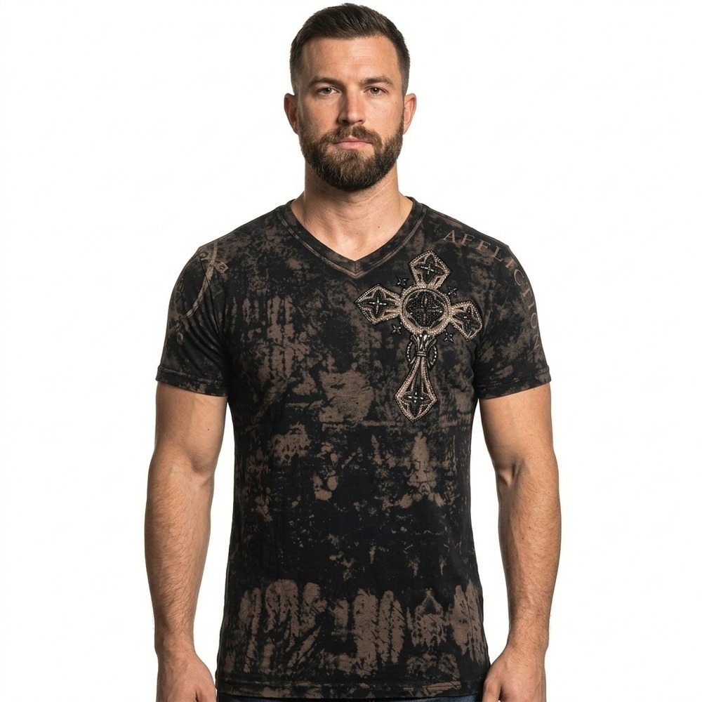 Affliction T-Shirt Mens Medium Black V-Neck Angel Wings Cross Bleach Wash Y2K M